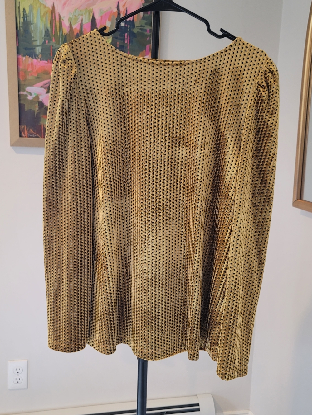 TAHARI Gold Velvet and Black Dot Mesh Shirt Women's Size XL